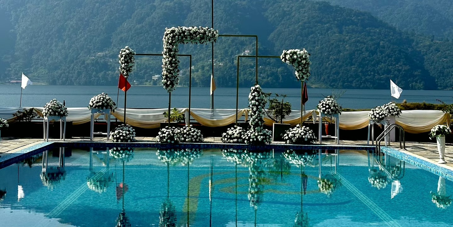 Luxury destination wedding setup in Pokhara with Himalayan scenery