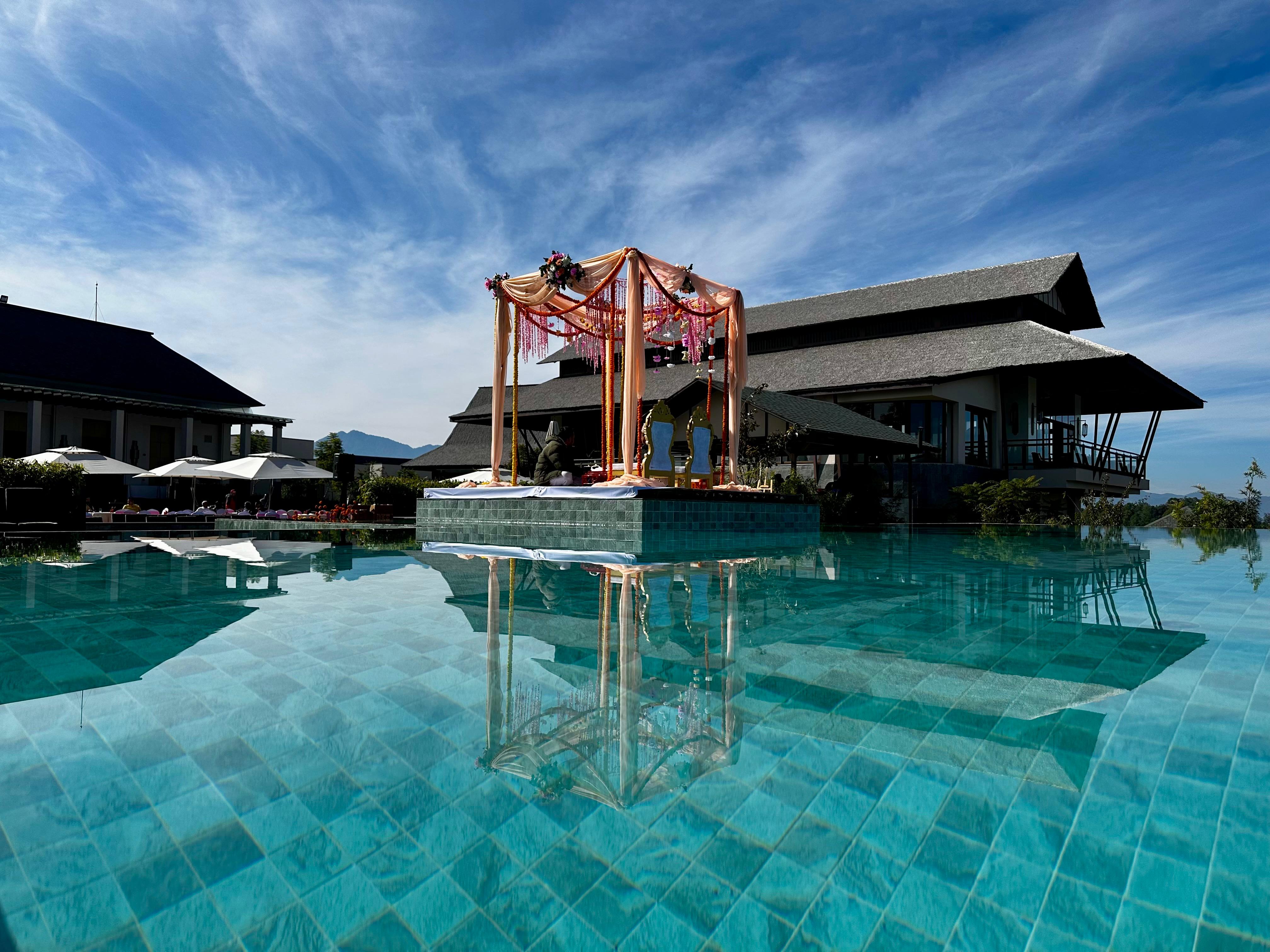 Outdoor destination wedding ceremony setup designed by Kathmandu Wedding