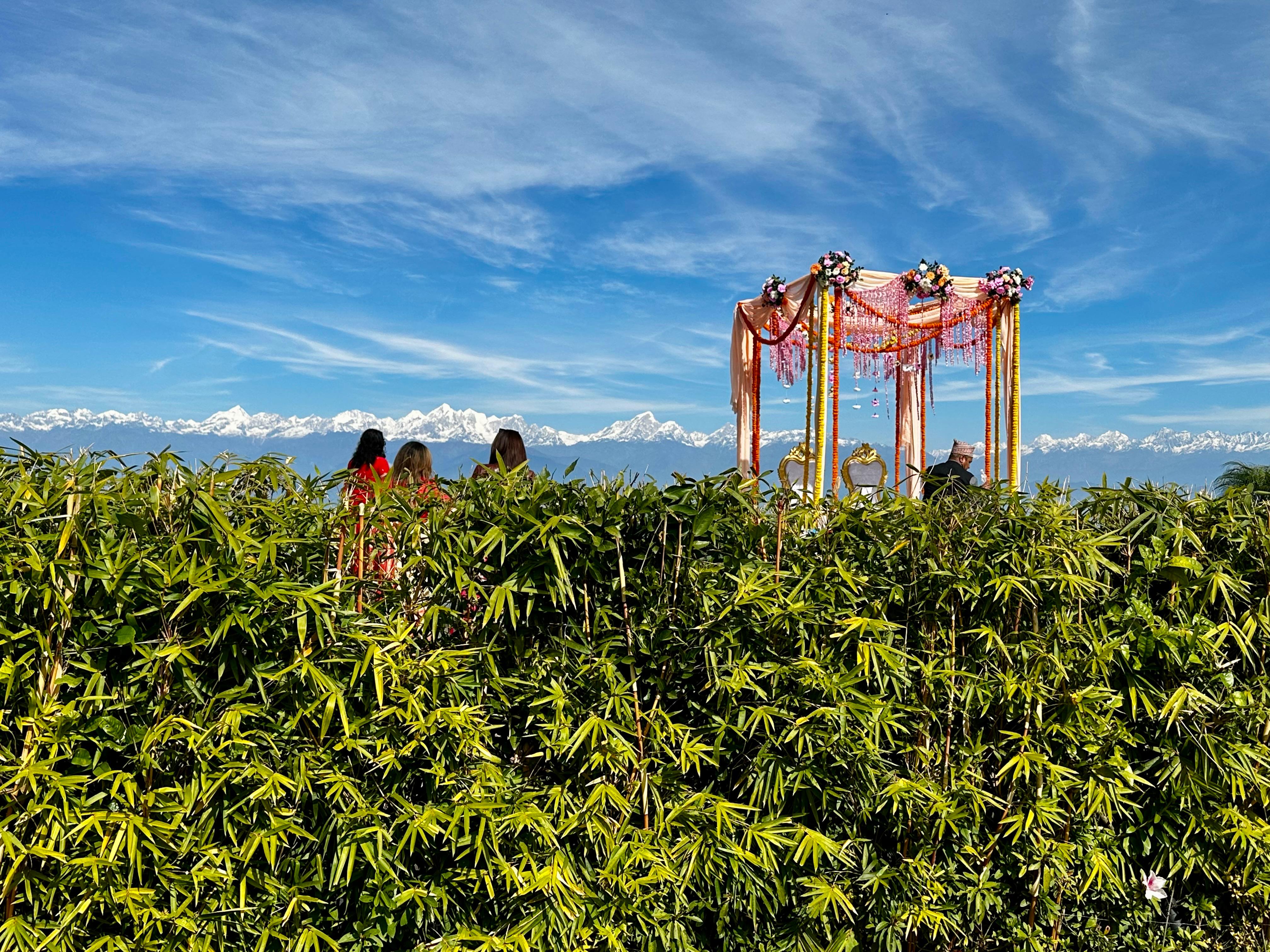 Mountain view wedding ceremony setup in Nepal